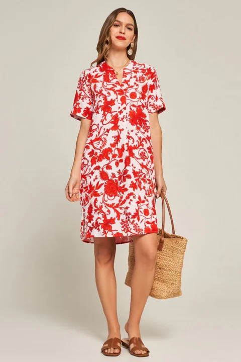Robe en lin rouge à imprimé floral