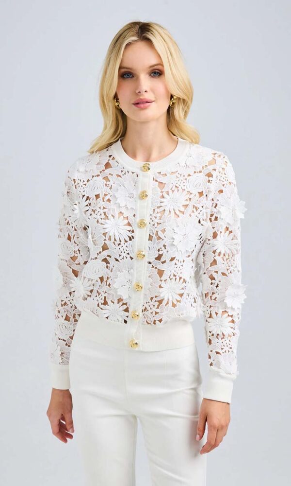 Erin : cardigan en dentelle 3D -  Nellie : pantalon en crêpe blanc - Image 3