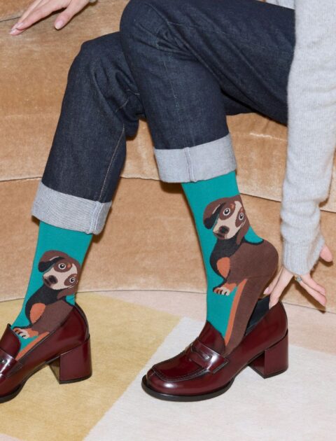 Feet wearing socks with a