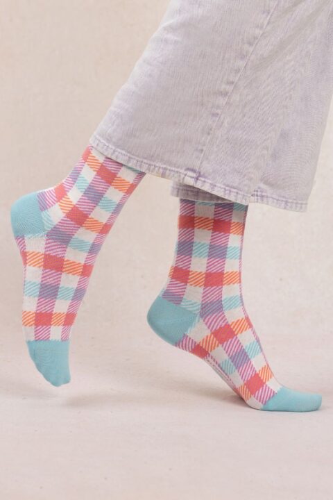 Bleuforêt | Chaussettes coton damier Bleu clair