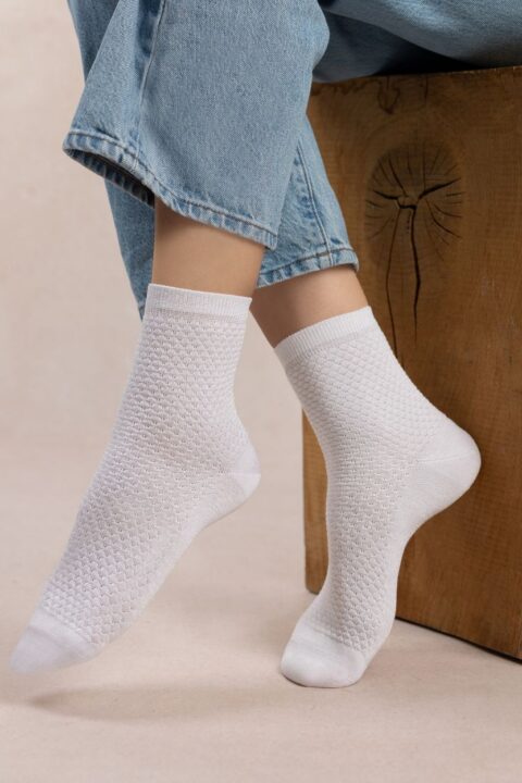 Bleuforêt | Short satin socks with honeycomb pattern White