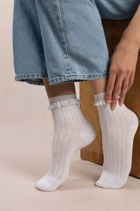 Bleuforêt | Short Scottish thread socks with ruffles White