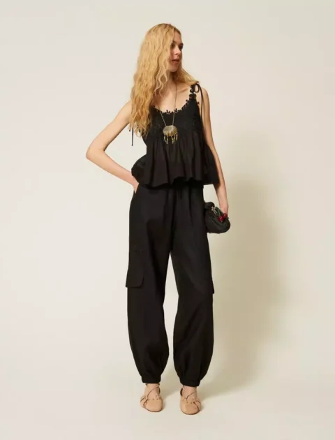 Twinset | Pantalon style jogging en lin et broderie anglaise – Noir
