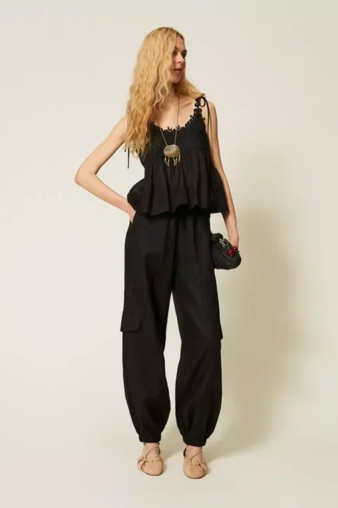 Twinset | Pantalon style jogging en lin et broderie anglaise – Noir