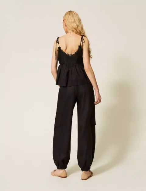 Twinset | Pantalon style jogging en lin et broderie anglaise – Noir