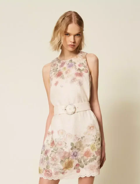 Twinset | Robe courte en lin à fleurs brodée