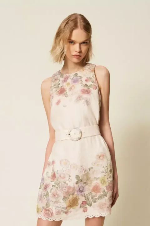 Twinset | Robe courte en lin à fleurs brodée