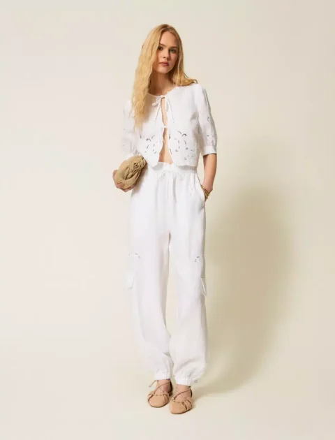 Twinset | Pantalon style jogging en lin et broderie anglaise