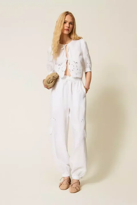 Twinset | Pantalon style jogging en lin et broderie anglaise