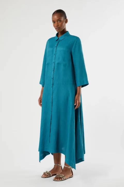 Marina Rinaldi | Valpe Shark-Bite Hem Linen Shirtdress-Turquoise