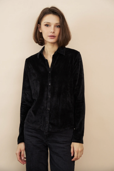 Majestic Filatures | Chemise boutonnée à manches longues en velours – Noir