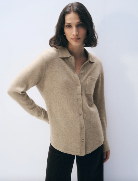 White & Warren | Chemise boutonnée en cachemire – Taupe Heather