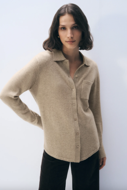 White & Warren | Chemise boutonnée en cachemire – Taupe Heather