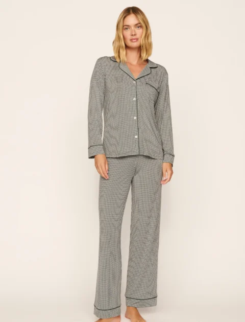 Eberjey | Pyjama long Gisele en modal TENCEL™ – Carreaux style chalet, ivoire/vert sapin