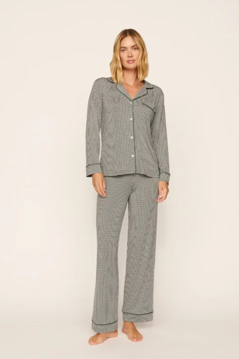 Eberjey | Pyjama long Gisele en modal TENCEL™ – Carreaux style chalet, ivoire/vert sapin