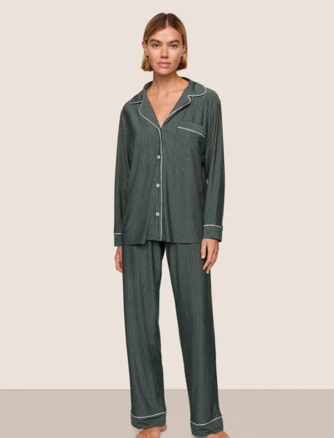 Eberjey | Pyjama long Gisele en modal TENCEL™ – Doubles rayures, vert sapin/ivoire