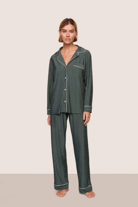 Eberjey | Pyjama long Gisele en modal TENCEL™ – Doubles rayures, vert sapin/ivoire