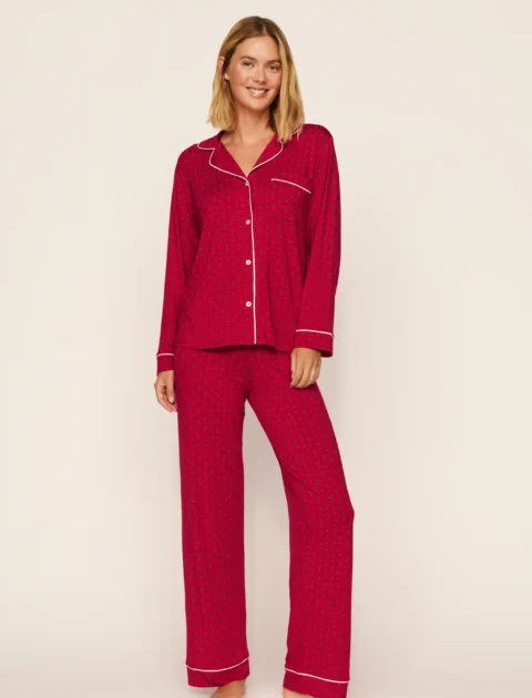 Eberjey | Pyjama long Gisele en modal TENCEL™ – Baies de houx, rouge houx/ivoire