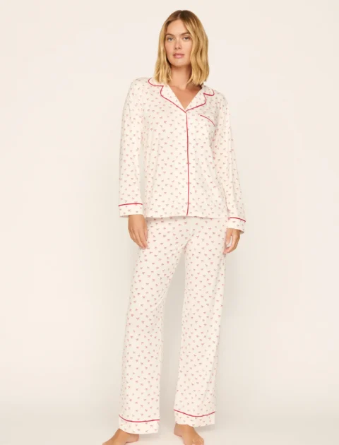 Eberjey | Pyjama long Gisele en modal TENCEL™ – Petits nœuds, ivoire/rouge houx