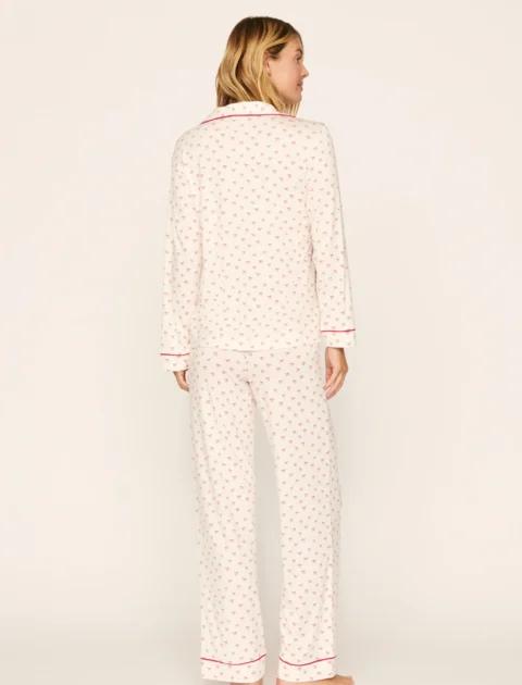 Eberjey | Pyjama long Gisele en modal TENCEL™ – Petits nœuds, ivoire/rouge houx