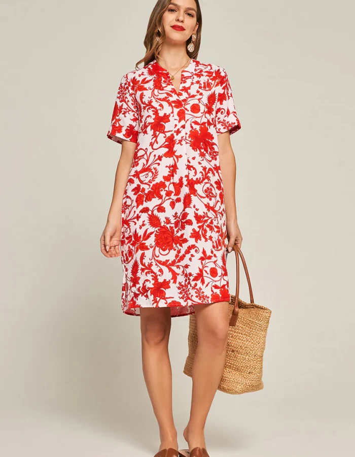 Red linen dress with floral print