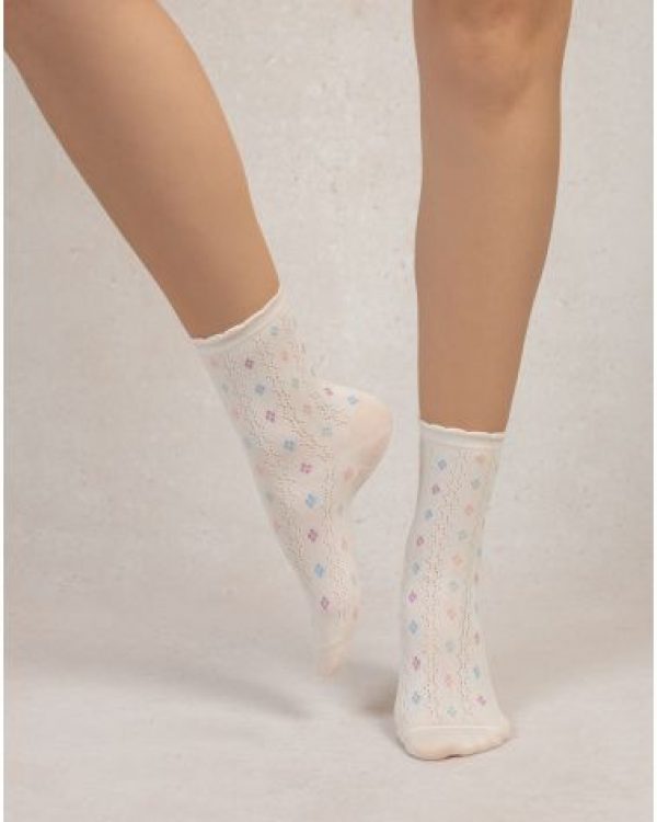 Bleuforêt- Chaussettes Courtes 97% Coton Petits Losanges Ajourées Ecru